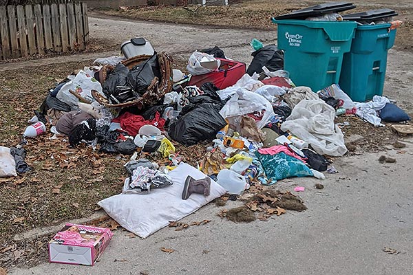 piles of trash next to a neighborhood driveway