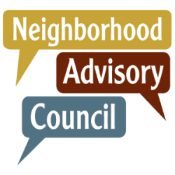 logo: three differently colored speech bubbles each with one of the words: neighborhood advisory council